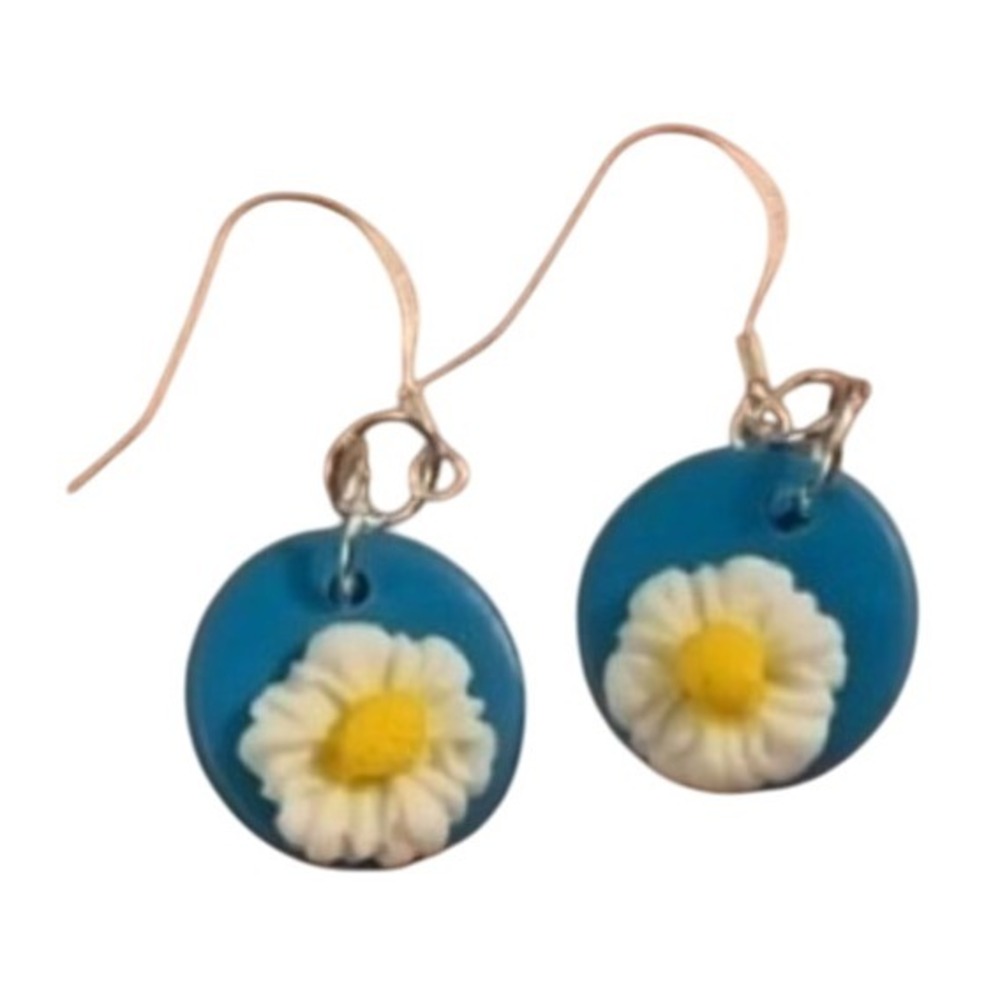Polymer‎ Clay Charms, Flat Round with Flower, Deep Sky Blue NWT